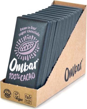 Display box of Ombar 100% cacao chocolate bars, featuring vegan and fair trade certifications