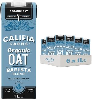Califia Farms Organic Oat Barista Blend, 1L cartons in a 6-pack box, no added sugar, perfect for steaming and foaming
