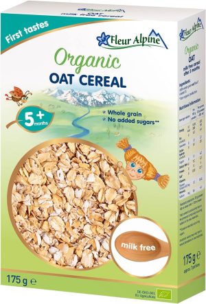 Fleur Alpine organic oat cereal box, whole grain, milk-free, suitable for babies 5+ months, 175g package