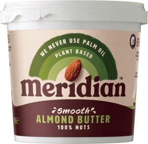 Meridian smooth almond butter tub, plant-based, palm oil-free, 100% nuts, eco-friendly packaging, UK brand