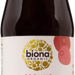 Bottle of Biona Organic Cranberry Pure Juice, 330ml, highlighted Nutri-Grade B, 5% sugar, featuring 100% pressed juice