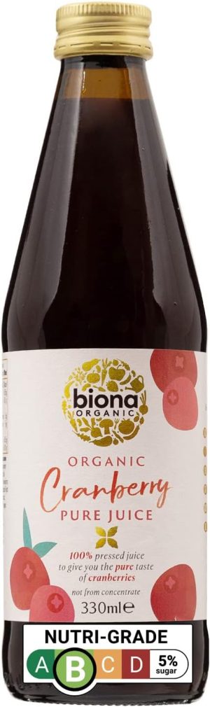 Bottle of Biona Organic Cranberry Pure Juice, 330ml, highlighted Nutri-Grade B, 5% sugar, featuring 100% pressed juice