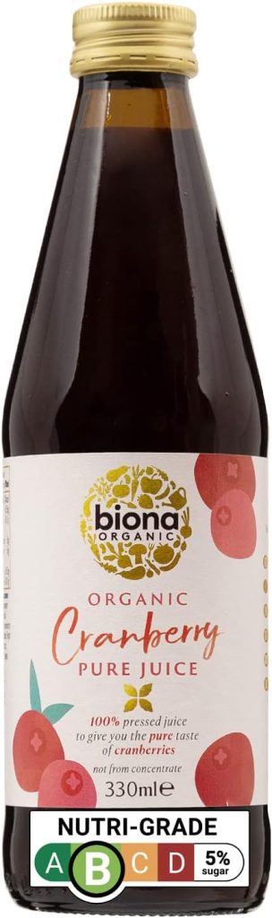 Bottle of Biona Organic Cranberry Pure Juice, 330ml, highlighted Nutri-Grade B, 5% sugar, featuring 100% pressed juice