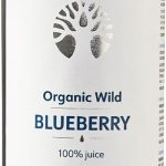 Organic wild blueberry juice bottle, 100% pure, not from concentrate, 500ml size with blue label and silver cap