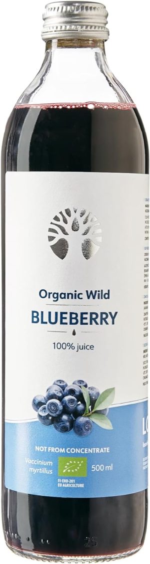 Organic wild blueberry juice bottle, 100% pure, not from concentrate, 500ml size with blue label and silver cap