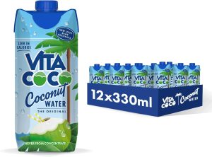 Vita Coco coconut water 12 pack, 330ml each, low calories, never from concentrate, blue packaging with coconut image