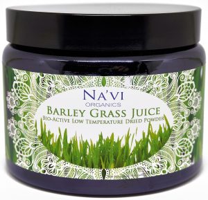 Na'vi Organics Barley Grass Juice powder jar, featuring organic superfood design and green botanical elements