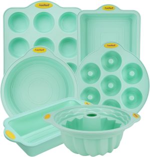 Mint green silicone baking mould set with trays for cupcakes, doughnuts, bread, and cakes, perfect for versatile baking