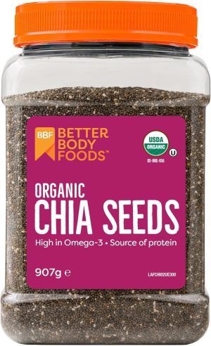 Jar of organic chia seeds, high in Omega-3, source of protein, Better Body Foods, 907g, with orange lid