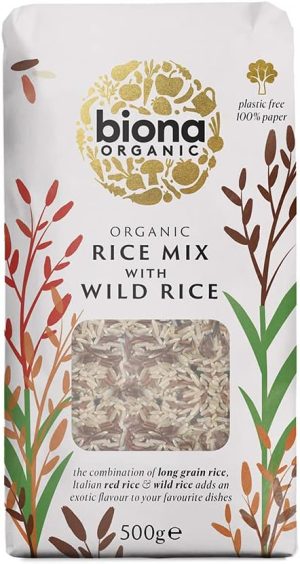 Biona Organic Rice Mix with Wild Rice, 500g pack, featuring plastic-free and 100% paper packaging with colourful design