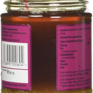 Jar of honey with nutritional information and barcode on purple label packaging, suitable for vegetarians