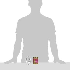 Small honey jar on table showing size comparison with silhouette measuring 9 cm or 3.9 inches