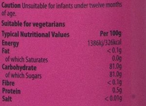 Nutritional information label for a product, high in carbohydrates and sugar, suitable for vegetarians, not for infants