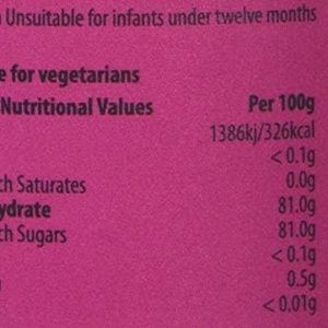 Nutritional information label for a product, high in carbohydrates and sugar, suitable for vegetarians, not for infants