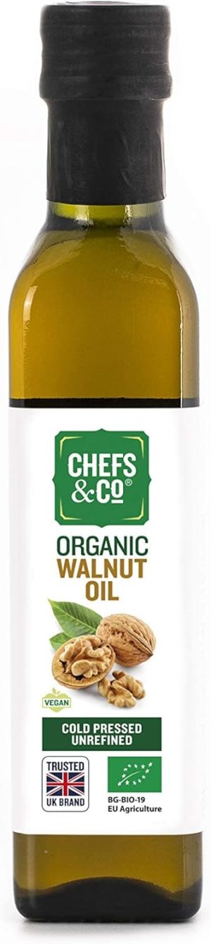 Chefs & Co organic walnut oil bottle, cold pressed, unrefined, vegan, UK brand, 250ml packaging with walnuts on label