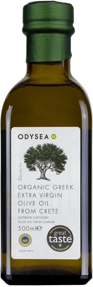 Bottle of Organic Greek Extra Virgin Olive Oil from Crete, 500ml, great taste award, green cap, tree label design