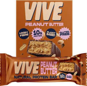 VIVE Peanut Butter Natural Protein Bar, high fibre, plant-based, gluten-free, with 10g protein, packaging close-up