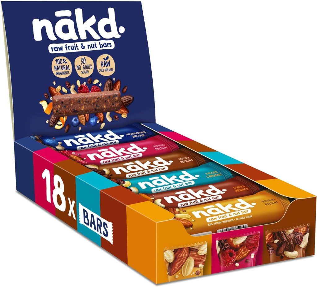 Box of 18 Nakd raw fruit and nut bars with no added sugar, featuring mixed flavours like Berry Delight and Cocoa Delight
