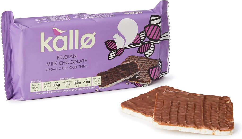 Kallo Belgian Milk Chocolate Organic Rice Cake Thins packaging with a partially opened pack showing two chocolate rice cakes