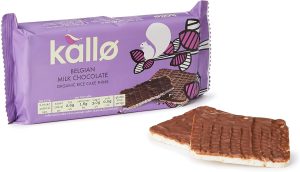 Kallo Belgian Milk Chocolate Organic Rice Cake Thins packaging with a partially opened pack showing two chocolate rice cakes