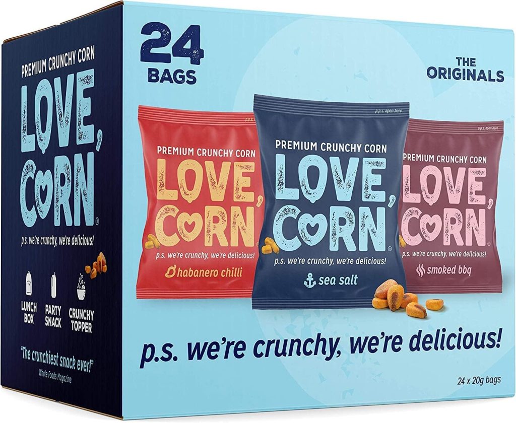 Love Corn premium crunchy corn snacks box, featuring flavours: habanero chilli, sea salt, smoked BBQ, 24 bags