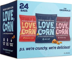 Love Corn premium crunchy corn snacks box, featuring flavours: habanero chilli, sea salt, smoked BBQ, 24 bags