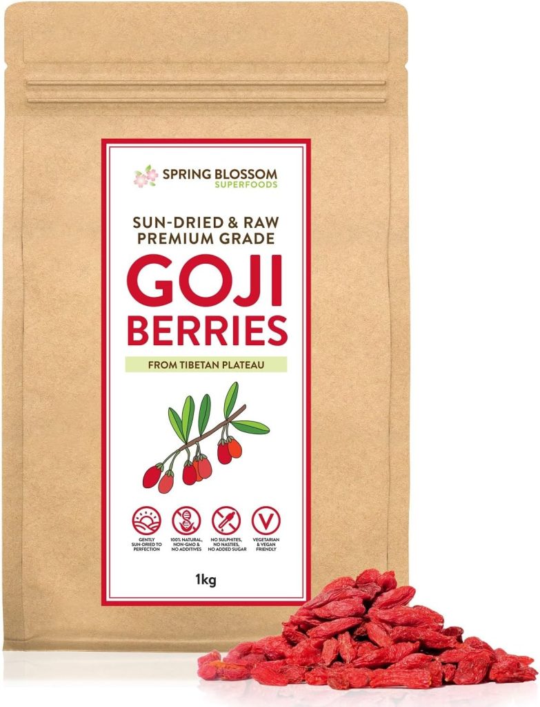 Brown bag of premium grade sun-dried goji berries with nutritional badges and loose berries in front
