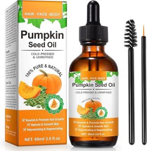 Pumpkin seed oil bottle with box, cruelty-free, vegan, promotes hair growth, hydrates skin, ideal for hair, face, body