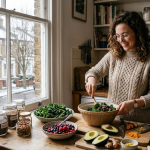 Woman preparing healthy salad in cosy kitchen with view of snowy London street