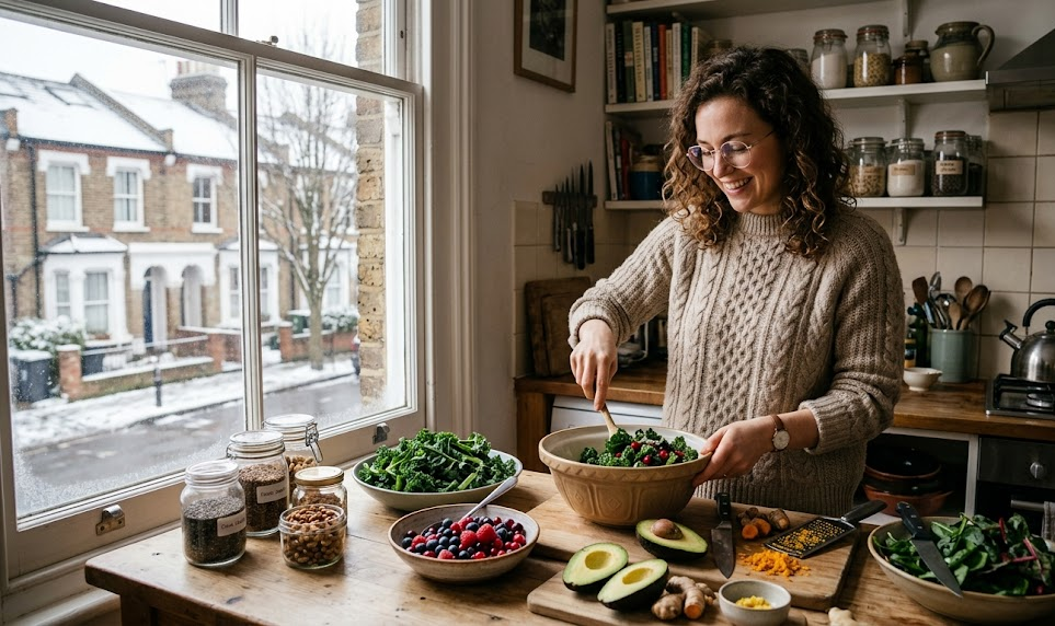 Woman preparing healthy salad in cosy kitchen with view of snowy London street