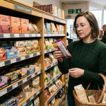 Woman shopping for healthy snacks in organic store aisle