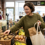 Woman shopping for organic produce in a local grocery store, selecting potatoes and carrying a reusable bag