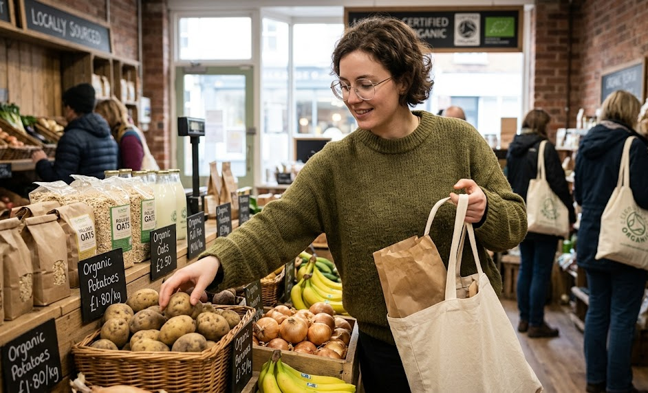Woman shopping for organic produce in a local grocery store, selecting potatoes and carrying a reusable bag