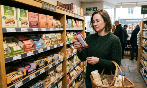 Woman shopping for healthy snacks in organic store aisle