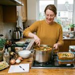 Woman cooking a vegetable stew in a home kitchen with meal prep containers and organic groceries on the countertop