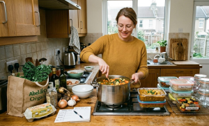 Woman cooking a vegetable stew in a home kitchen with meal prep containers and organic groceries on the countertop