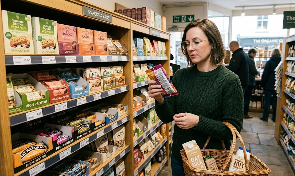Woman shopping for healthy snacks in organic store aisle