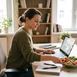 Person working at a desk with a healthy lunch, illustrating diet support for long days of sitting