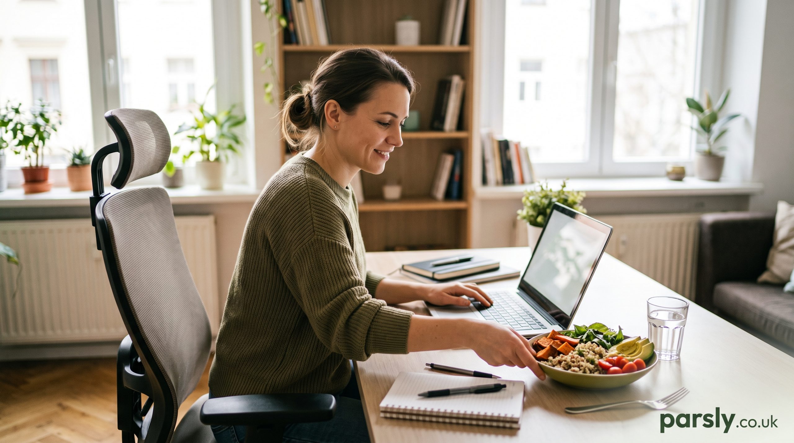 Person working at a desk with a healthy lunch, illustrating diet support for long days of sitting